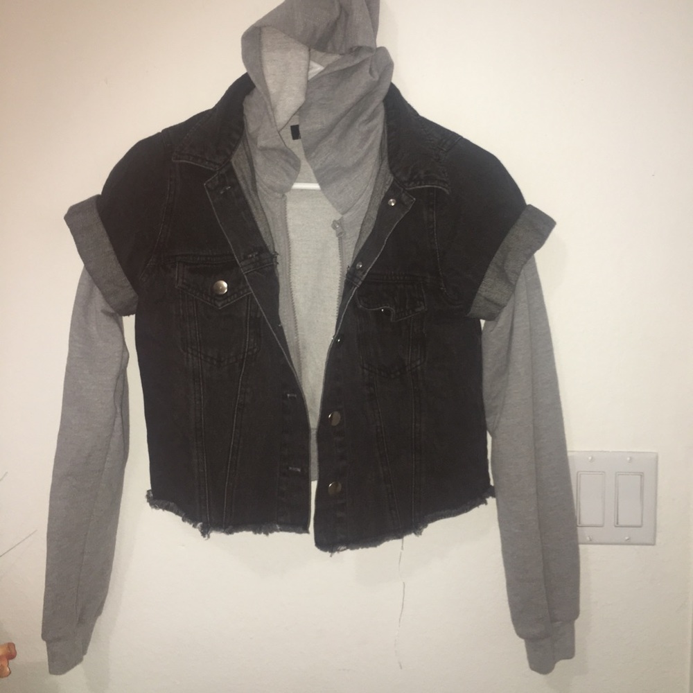 A denim jacket with hood